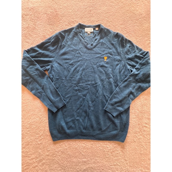Lacoste Mens 100% Cashmere V-Neck Sweater Teal Blue Trophy Logo FR 5 US L F70248